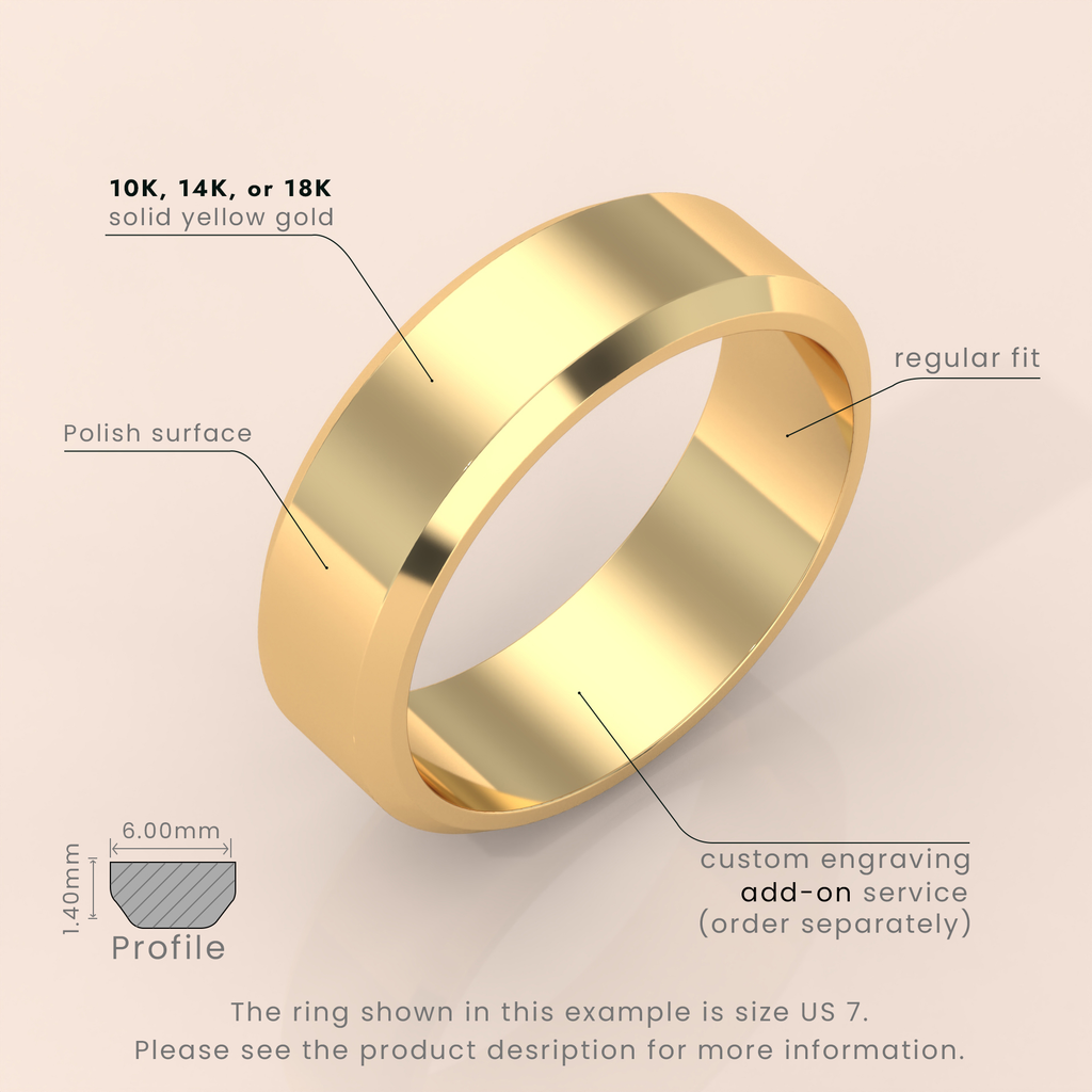18k Solid Yellow Gold Wedding Band - Beveled Edge Matte Classic Ring for Men & Women - Simple Plain Wedding Band