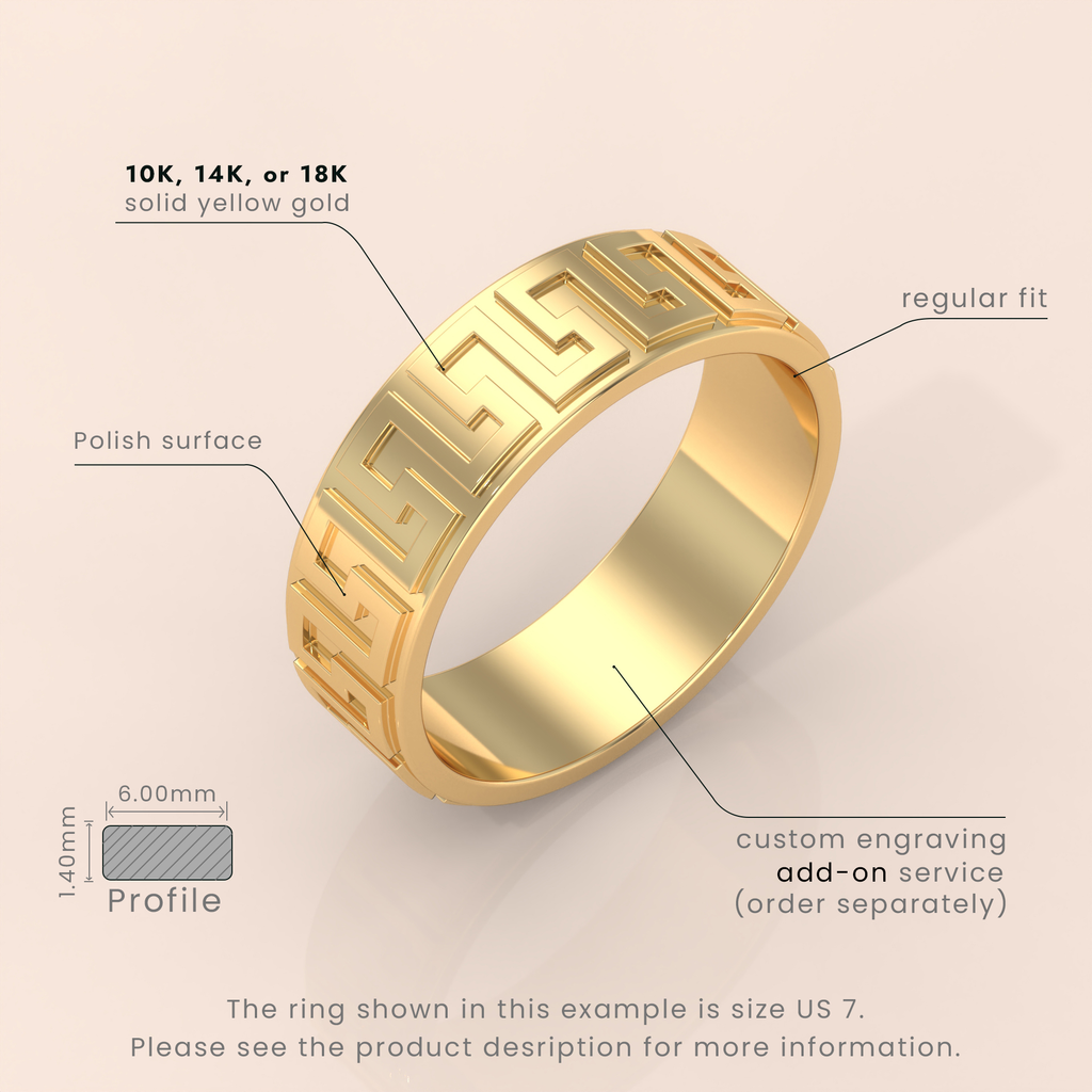 18k Solid Gold Greek Key Wedding Ring – Unique Meander Fret Pattern Band for Him or Her – Custom Size Available
