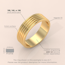 14k Yellow Gold Men’s Wedding Ring – 7.5mm Wide Band with Unique Crafted Design for Your Special Day