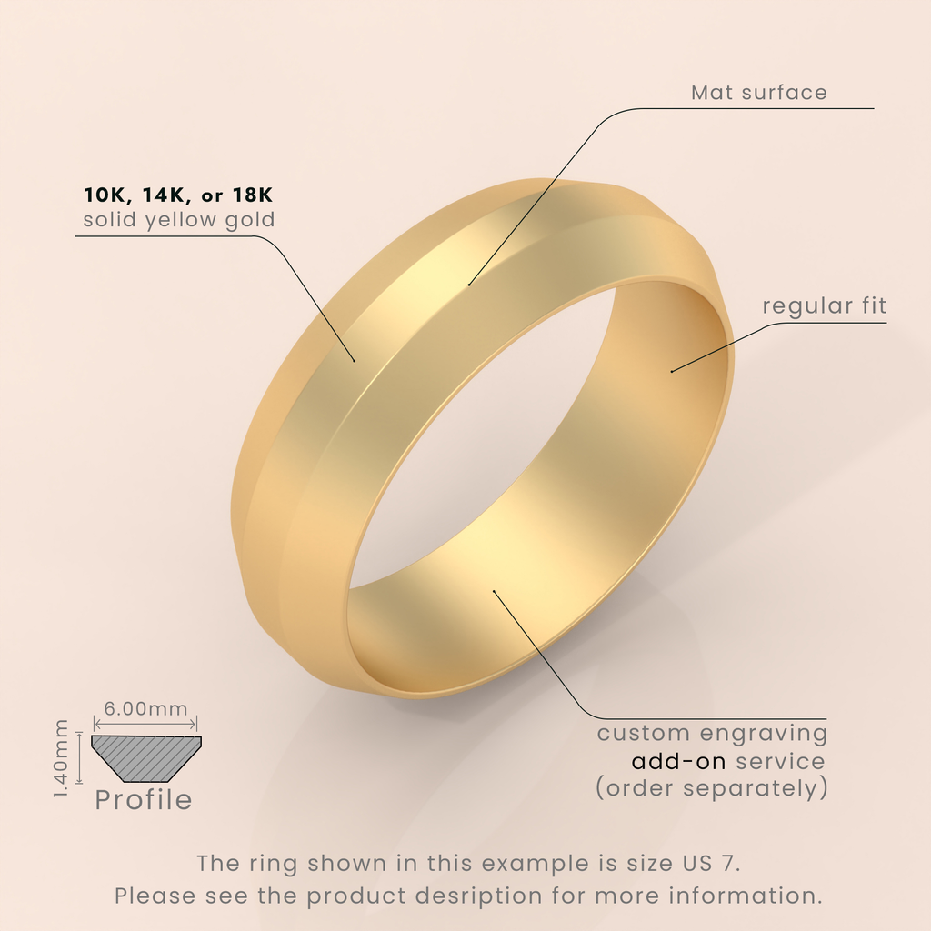 18kt Yellow Gold Men's Wedding Band, 6mm Brushed Solid Gold Ring, Classic Beveled Edge Design