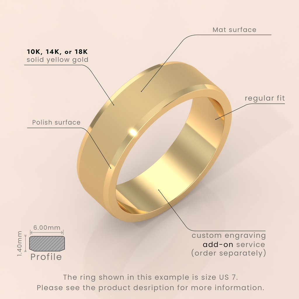 18k Solid Yellow Gold Wedding Band - Beveled Edge Matte Finish - Classic Simple Ring for Men & Women