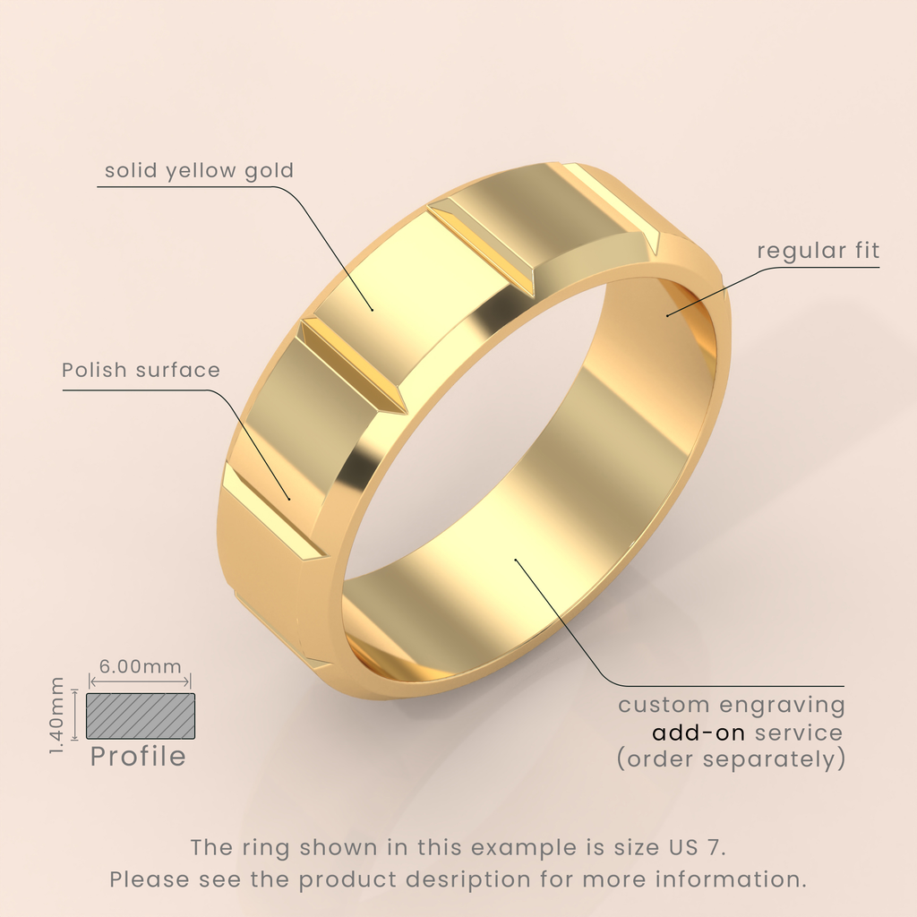 18kt Yellow Gold Wedding Band, 6mm Brushed Men's Ring, Classic Beveled Edge, Simple & Elegant Wedding Band for Him