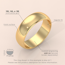 18k Solid Yellow Gold Wedding Band - Polished Dome Classic Ring for Men & Women - Plain Simple Domed Band