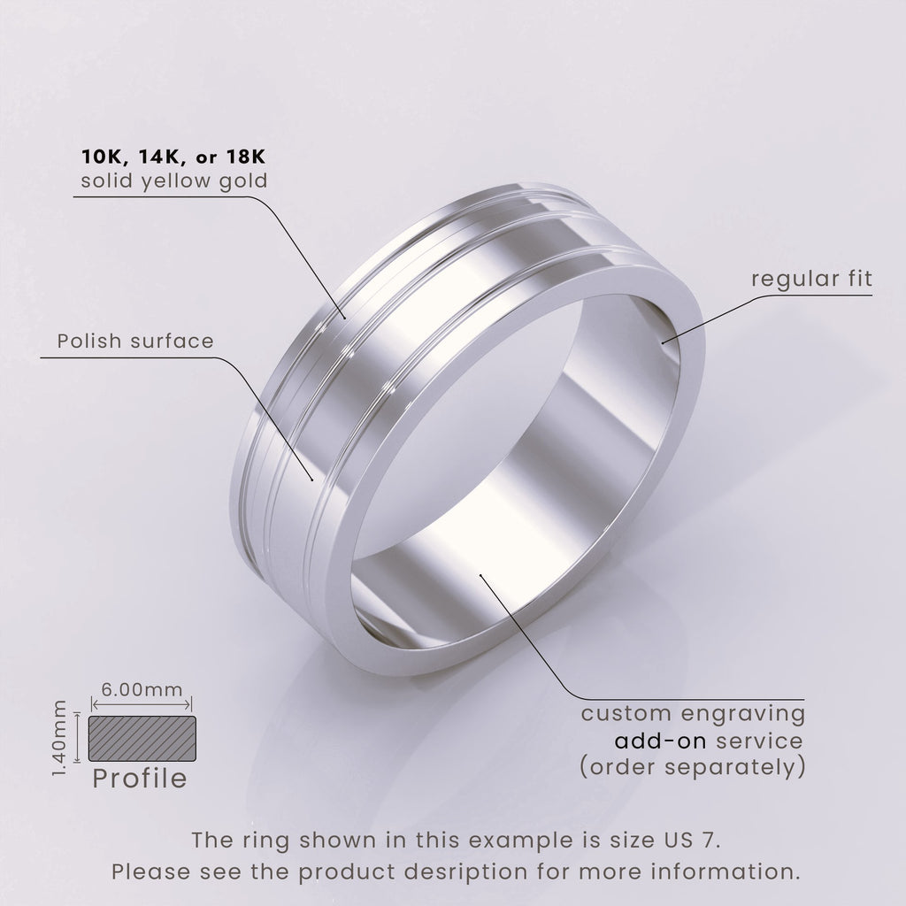 925 Sterling Silver 6mm Men's Wedding Band – Sharp Double Grooves, Classic Solid Silver Wedding Ring, Men's Wedding Anniversary Ring