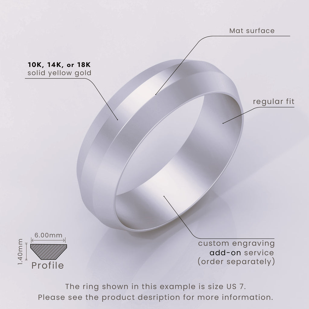 925 Sterling Silver Men's Wedding Band, 6mm Brushed Solid Silver Ring, Classic Beveled Edge Design