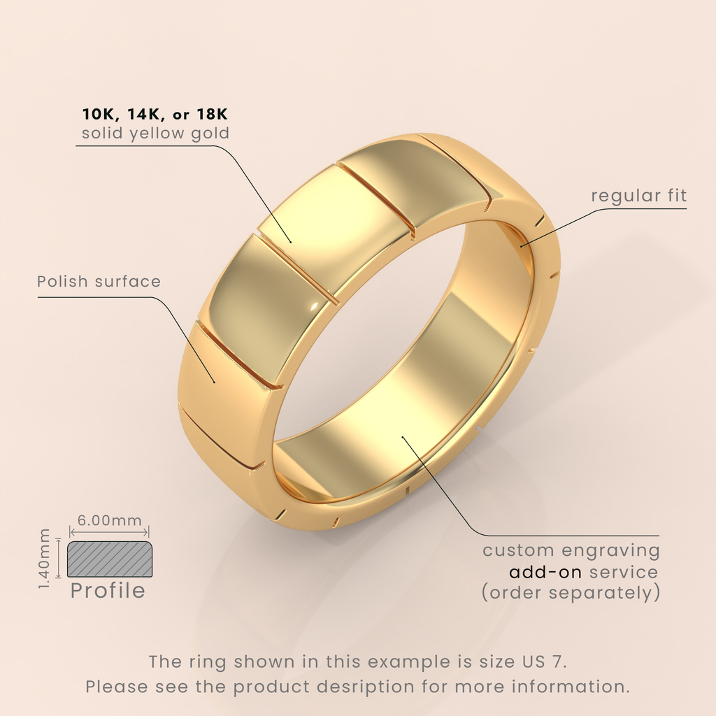 18K Gold Wedding Band, 6mm Brushed Shiny Beveled Flat Ring in White, Yellow or Rose Gold, Perfect for Him & Her