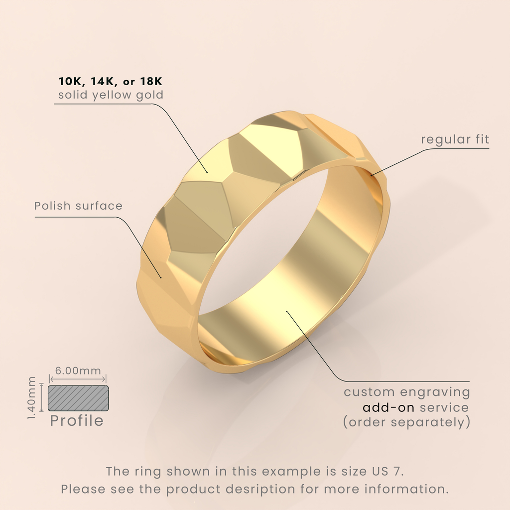 18kt Yellow Gold Men's Wedding Band | 6mm Knife Edge Design, Classic Unique Lines, Durable & Timeless Ring