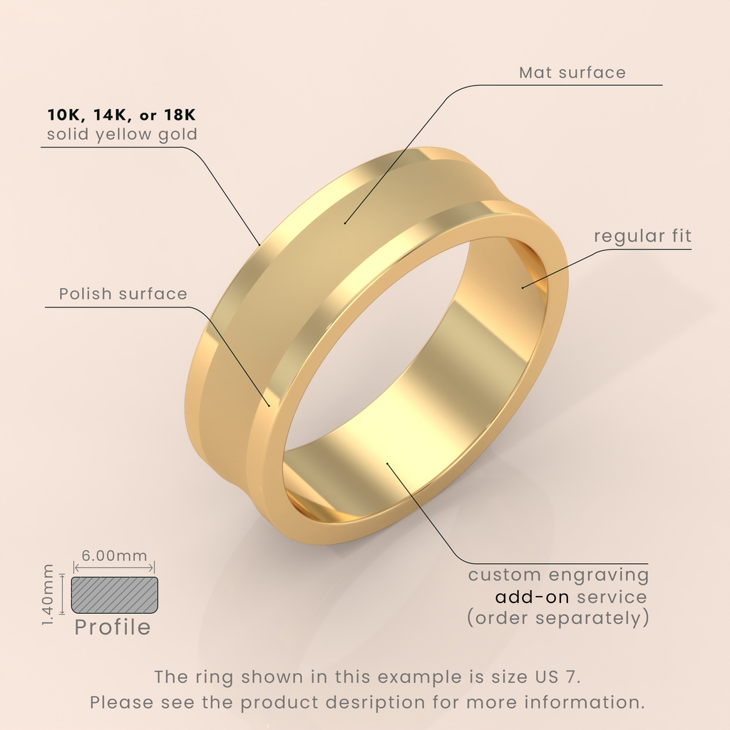 18K Yellow Gold Wedding Band - Comfort Fit Beveled Edge with Free Laser Engraving - 2mm to 7mm Brush Finish