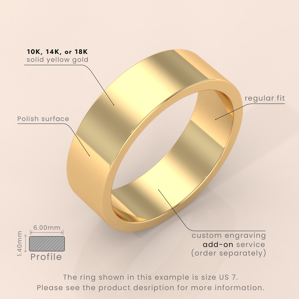 14k Solid Yellow Gold Flat Wedding Band - Matte Finish Classic Ring for Men & Women - Simple Plain Wedding Band