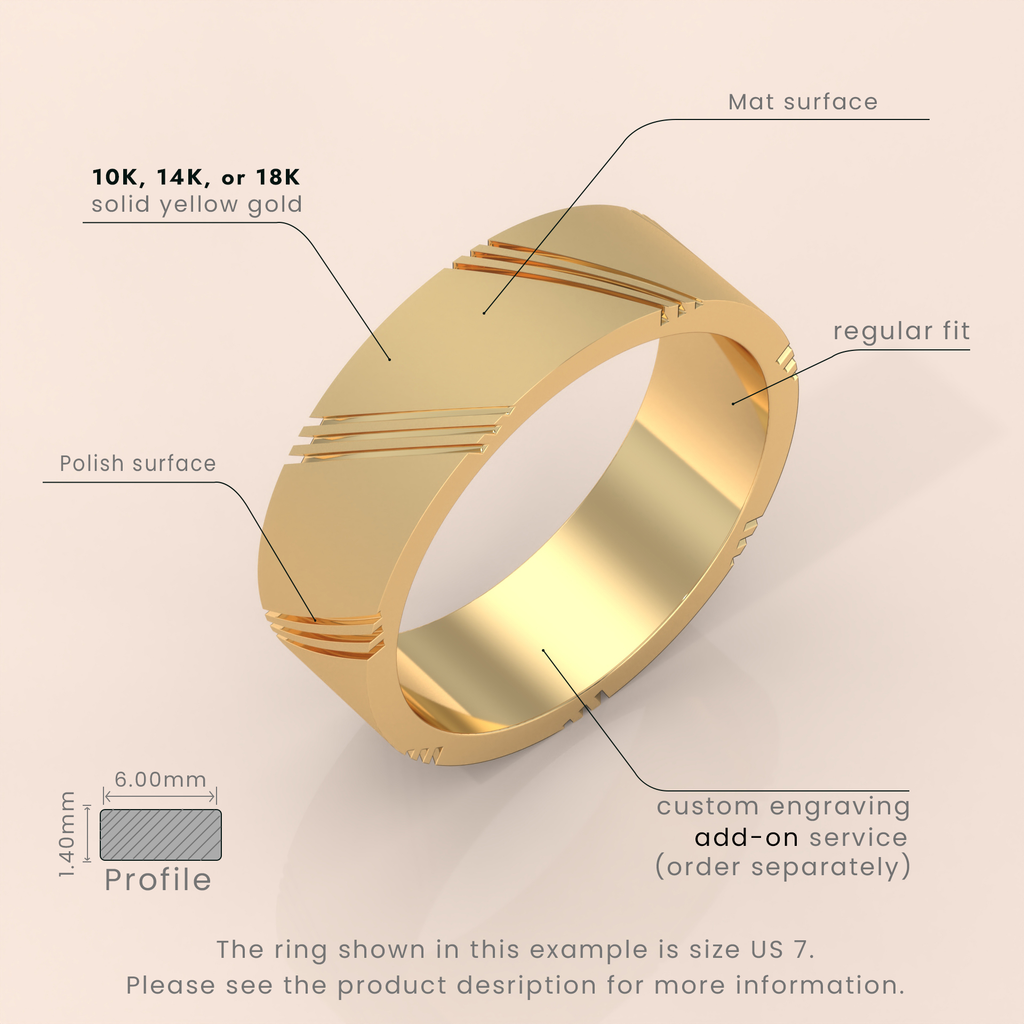 10k 6mm Solid Gold Men's Wedding Band – Modern Ring with Diagonal Details | Stylish Wedding Ring for Him