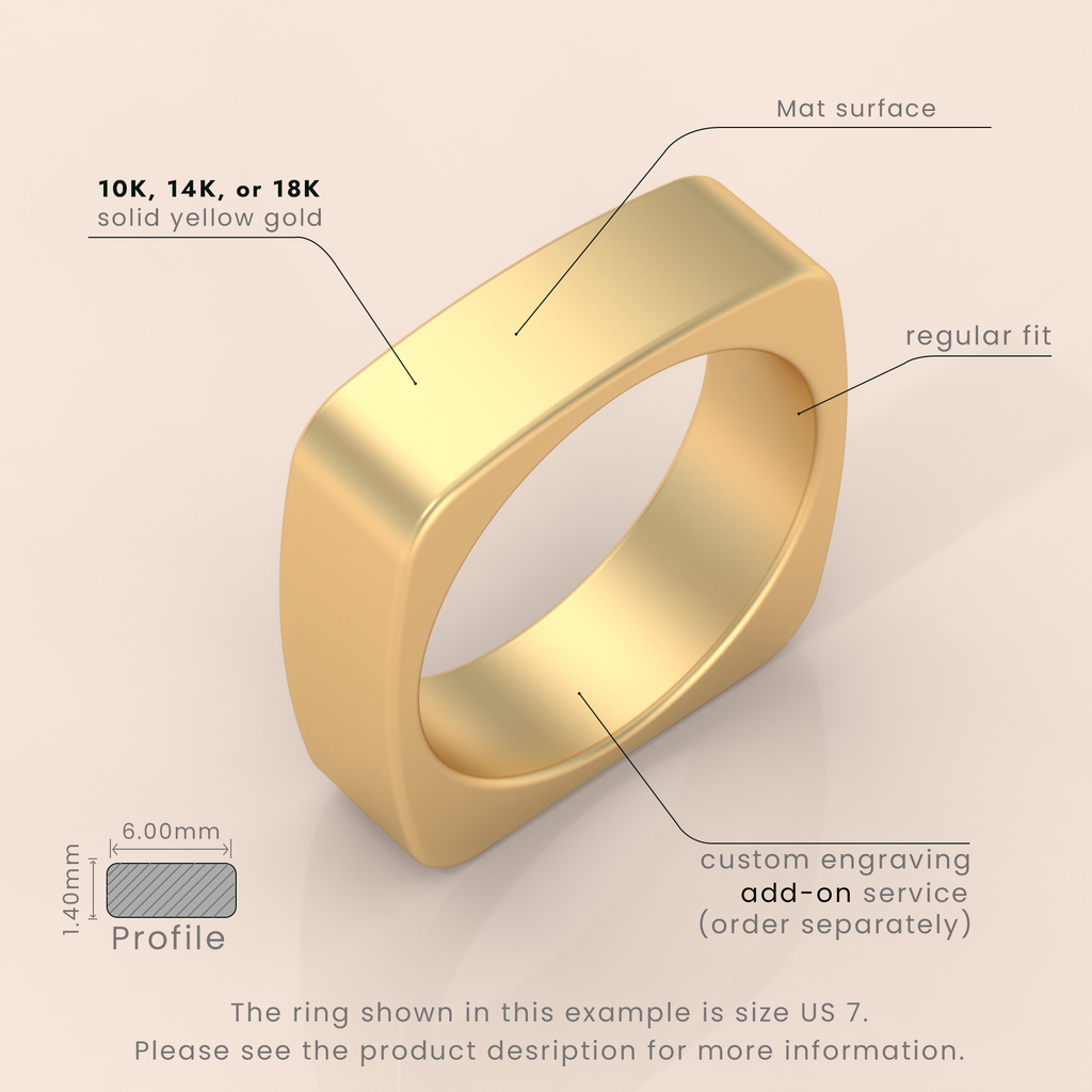18kt Yellow Gold Mens Wedding Band | 6mm Brushed Square Ring | Comfortable Euro Shank Design for Men