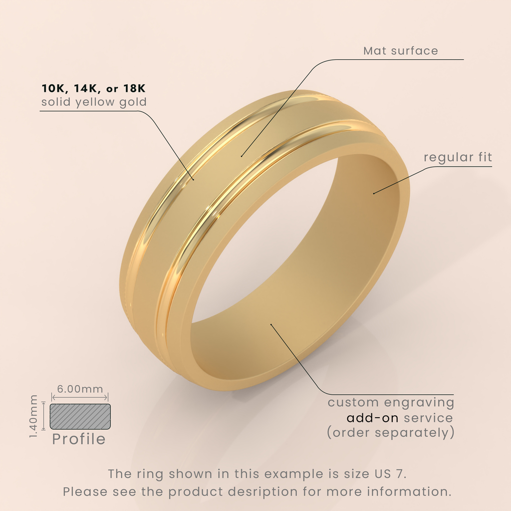 14k Gold Men’s Wedding Band – 7mm Thick Brushed Ring with Grooved Detail – Modern Gold Ring for Him
