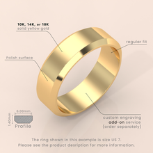 14k Solid Yellow Gold Wedding Band - Beveled-Edge Matte Finish - Classic Simple Wedding Ring for Men & Women