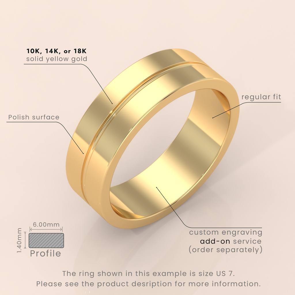 14k Solid Gold Men’s Wedding Band – 6mm Grooved Block Ring in Modern, Minimalist Design