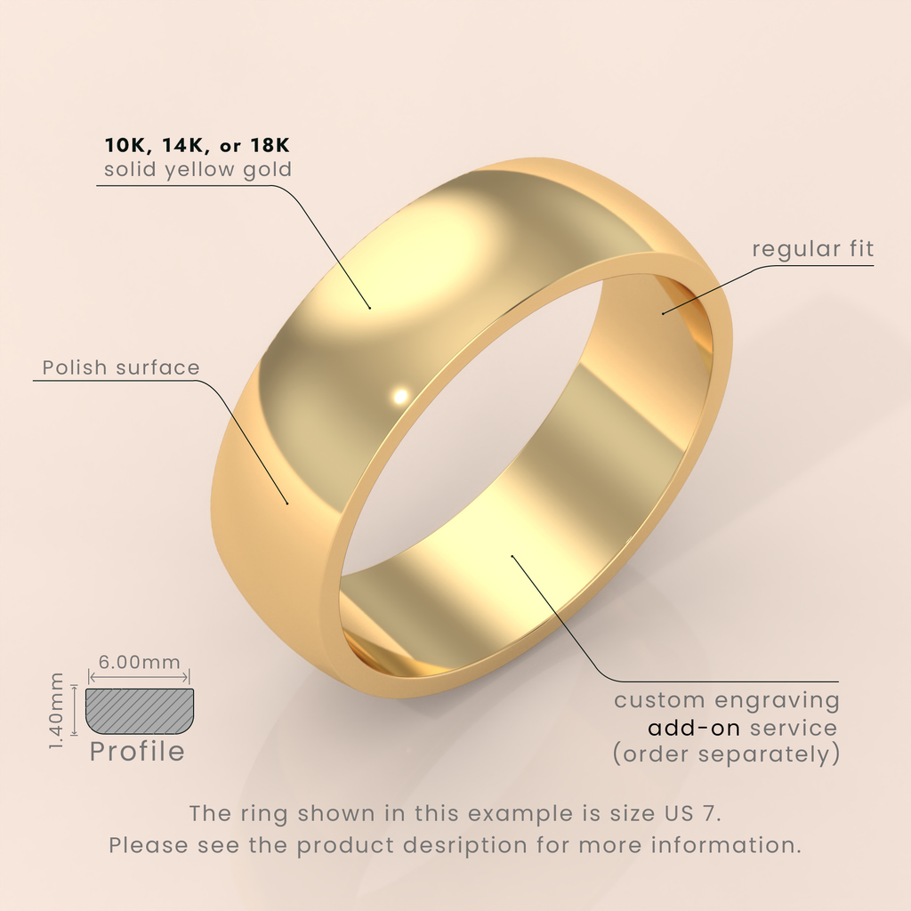 18k Solid Yellow Gold Wedding Band - Polished Comfort Fit Classic Ring for Men & Women - Simple Domed Design