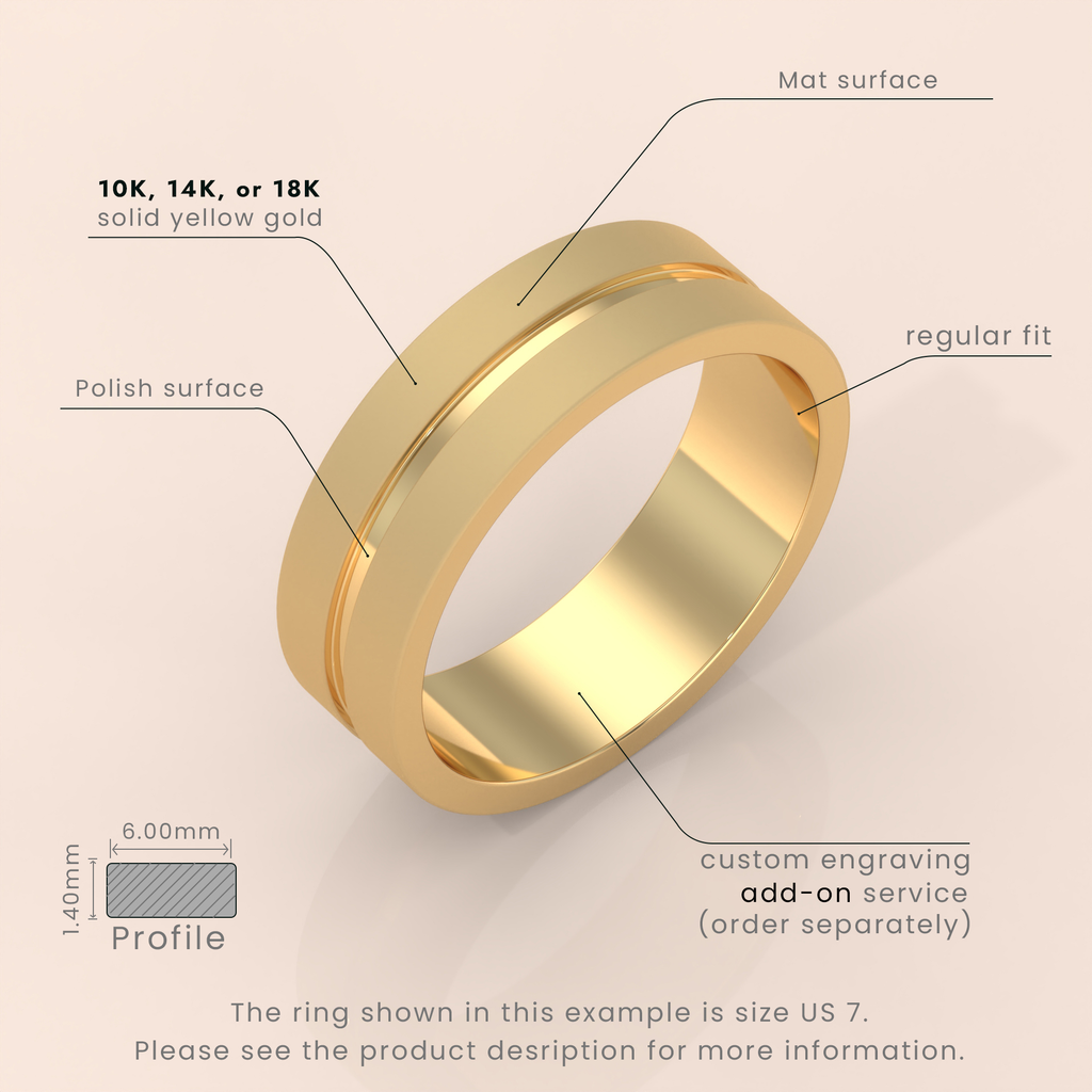 18k 6mm Solid Gold Men's Wedding Band – Grooved Design with Unique Fancy Accents | Yellow, White, or Rose Gold