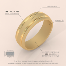 10k Gold Men’s Wedding Band – 7mm Thick Brushed Ring with Grooved Detail – Modern Gold Ring for Him