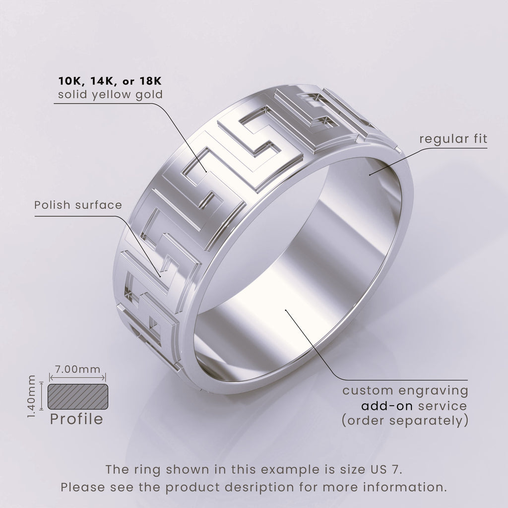 925 Sterling Silver Greek Key Wedding Ring – Unique Fret Design Meander & Key Pattern Band for Him or Her – Custom Size Available