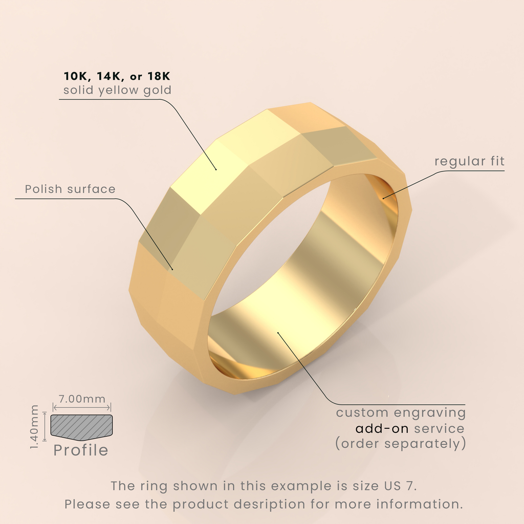 18kt Yellow Gold Mens Wedding Band, Classic 6mm Faceted Ring, Simple Solid Gold Wedding Band for Him, Timeless & Elegant Design