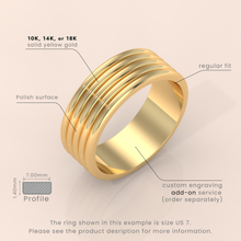 18k Yellow Gold Men’s Wedding Ring – 7.5mm Wide Band with Unique Crafted Design for Your Special Day