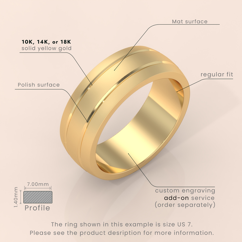 18k 7mm Solid Gold Men's Wedding Band – Matte Brushed Finish with Double Grooved Design | Real Gold Engagement Ring