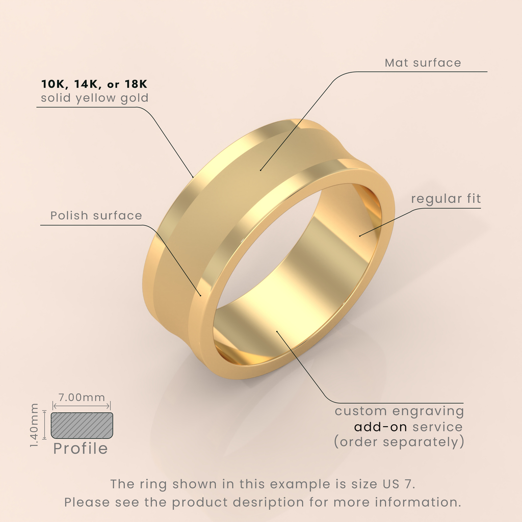 18K Yellow Gold Wedding Band - Comfort Fit Beveled Edge with Free Laser Engraving - 2mm to 7mm Brush Finish