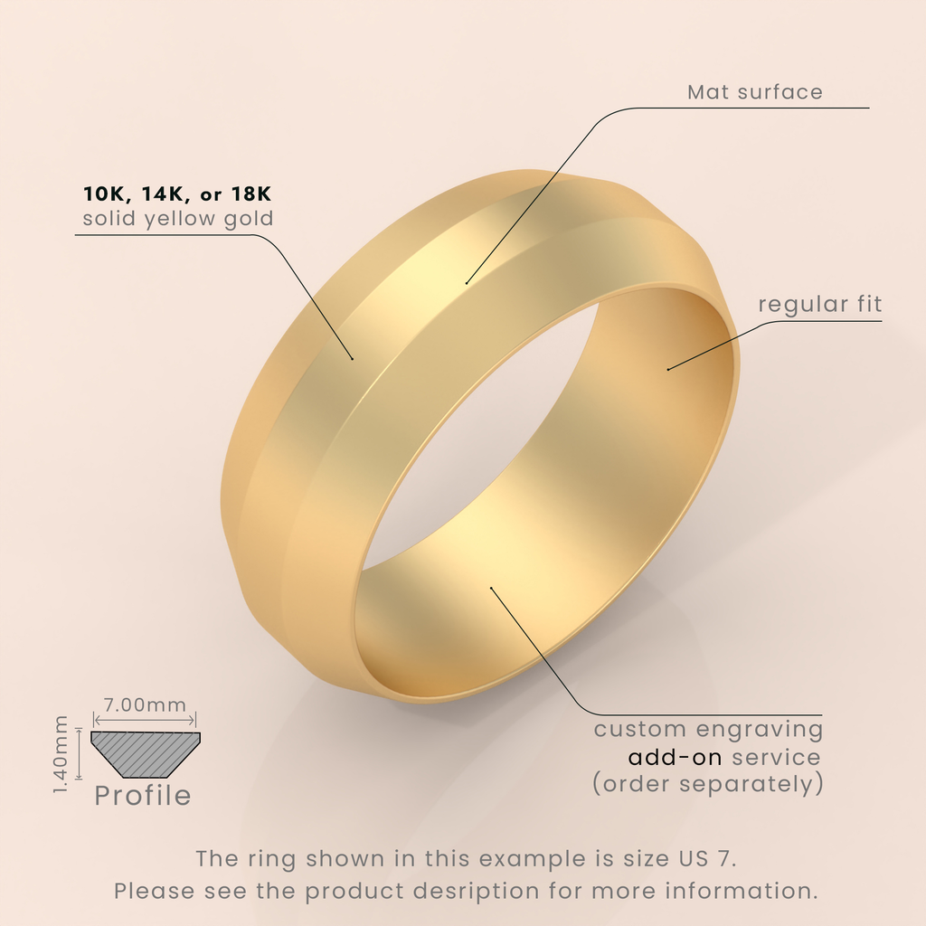 18kt Yellow Gold Men's Wedding Band, 6mm Brushed Solid Gold Ring, Classic Beveled Edge Design