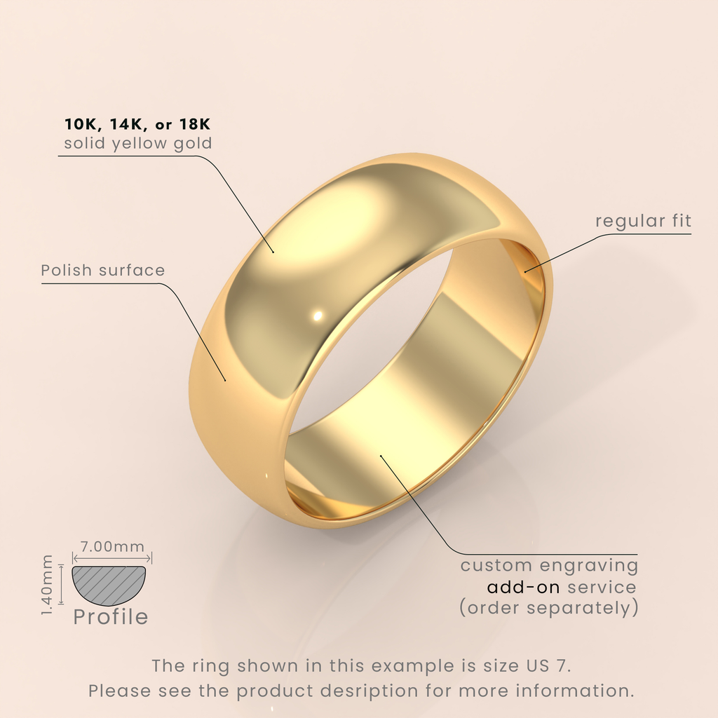 18k Solid Yellow Gold Wedding Band - Polished Dome Classic Ring for Men & Women - Plain Simple Domed Band