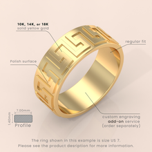 18k Solid Gold Greek Key Wedding Ring – Unique Meander Fret Pattern Band for Him or Her – Custom Size Available