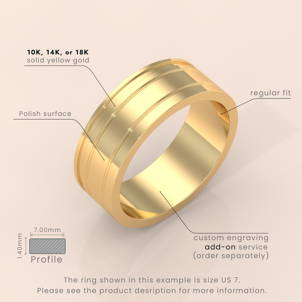 18kt Yellow Gold 6mm Mens Wedding Band Sharp Double Grooves, Classic Solid 14kt Yellow Gold Wedding Ring, Mens Wedding Anniversary Ring
