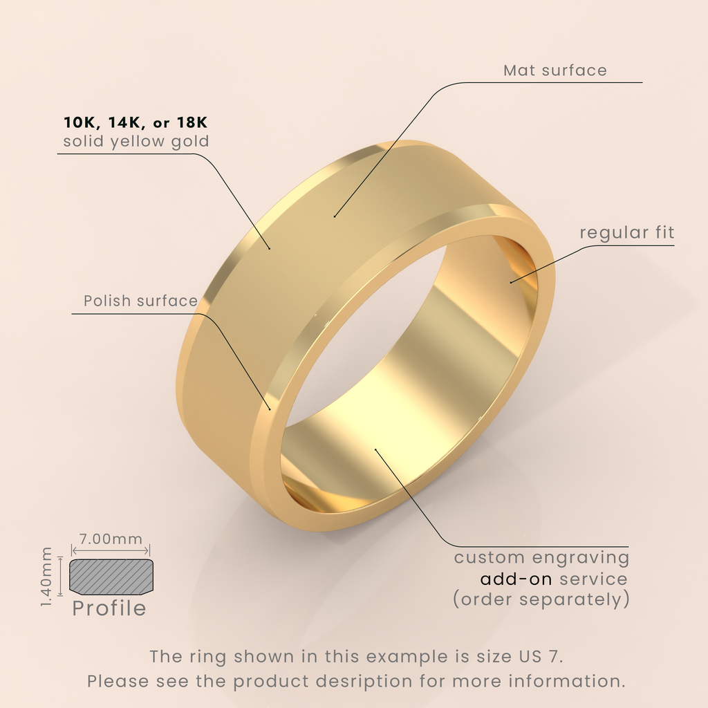 18k Solid Yellow Gold Wedding Band - Beveled Edge Matte Finish - Classic Simple Ring for Men & Women