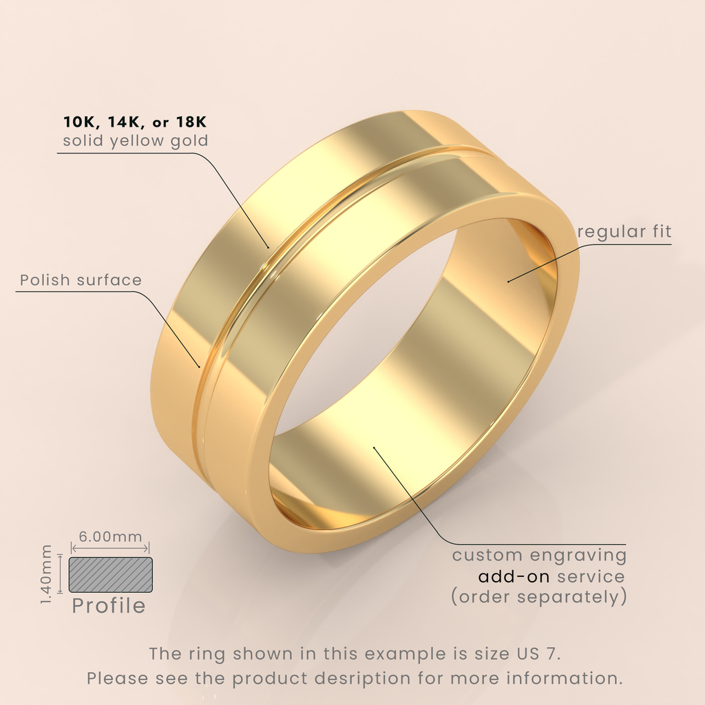 18k Solid Gold Men’s Wedding Band – 6mm Grooved Block Ring in Modern, Minimalist Design
