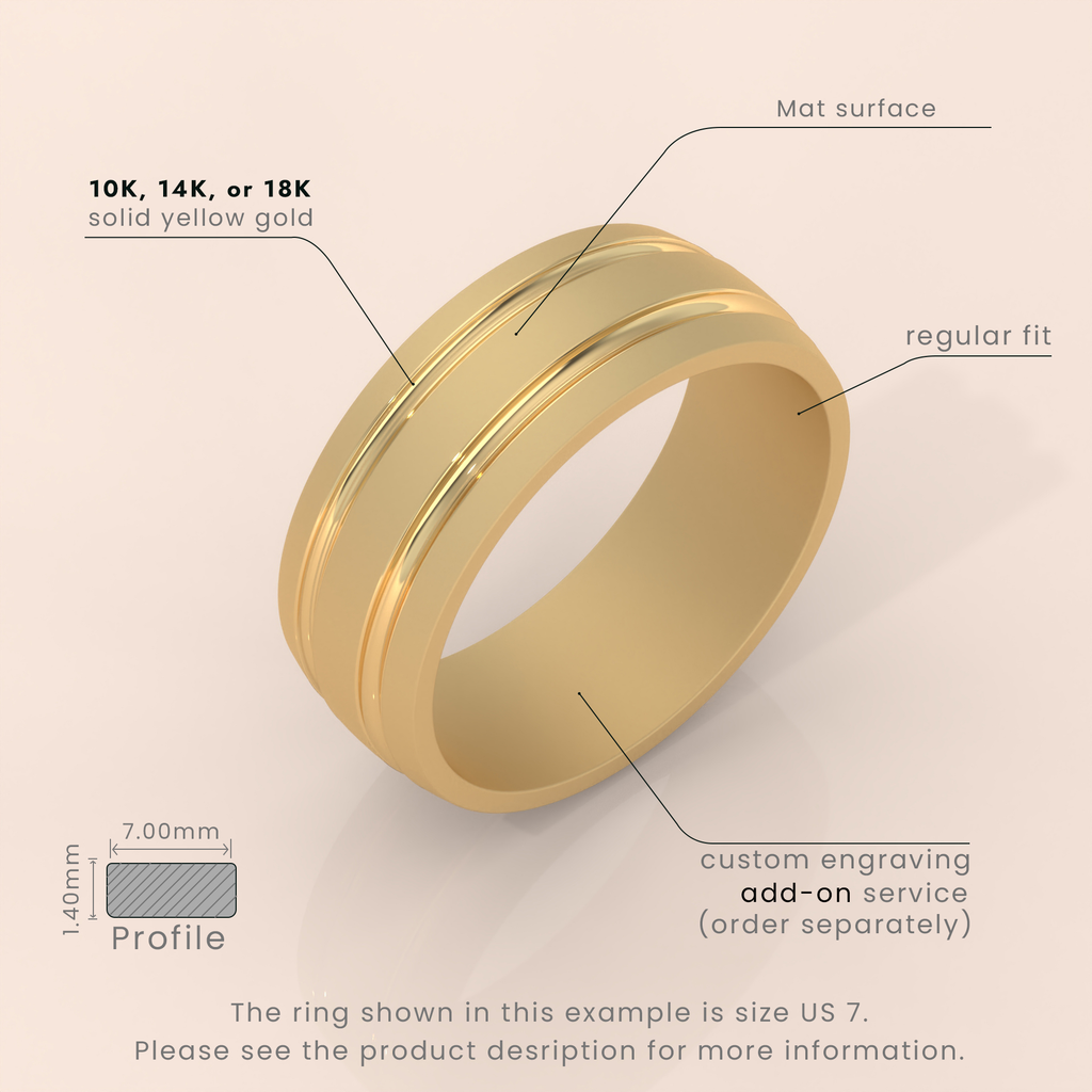 18k Gold Men’s Wedding Band – 7mm Thick Brushed Ring with Grooved Detail – Modern Gold Ring for Him