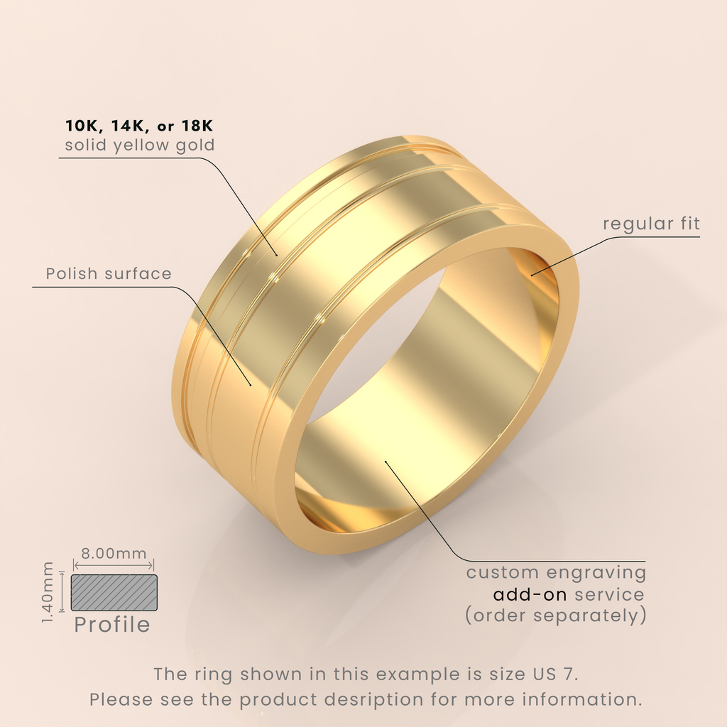 18kt Yellow Gold 6mm Mens Wedding Band Sharp Double Grooves, Classic Solid 14kt Yellow Gold Wedding Ring, Mens Wedding Anniversary Ring
