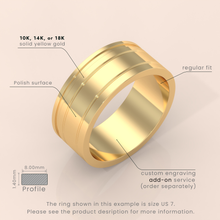 18kt Yellow Gold 6mm Mens Wedding Band Sharp Double Grooves, Classic Solid 14kt Yellow Gold Wedding Ring, Mens Wedding Anniversary Ring