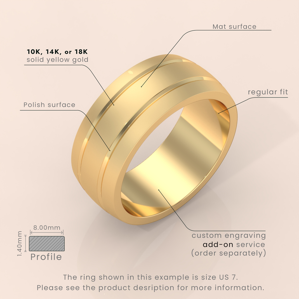 18k 7mm Solid Gold Men's Wedding Band – Matte Brushed Finish with Double Grooved Design | Real Gold Engagement Ring