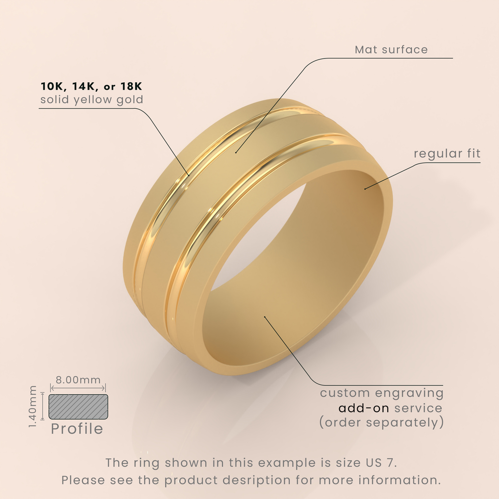 18k Gold Men’s Wedding Band – 7mm Thick Brushed Ring with Grooved Detail – Modern Gold Ring for Him