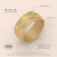 10k Gold Men’s Wedding Band – 7mm Thick Brushed Ring with Grooved Detail – Modern Gold Ring for Him