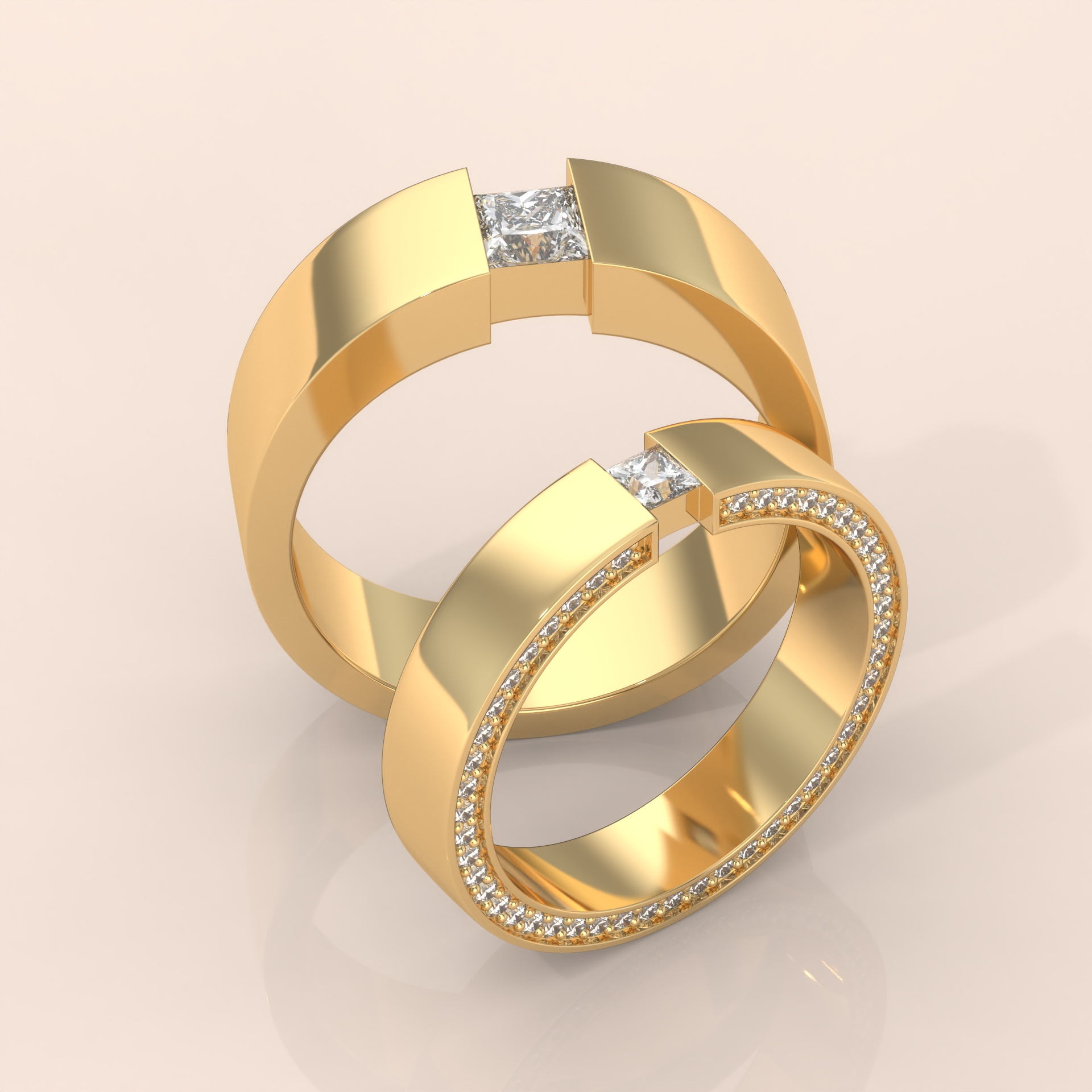 10k Gold Couple Bands – Unique His and Hers Wedding Rings with Princess Cut Diamonds and Pavé Design