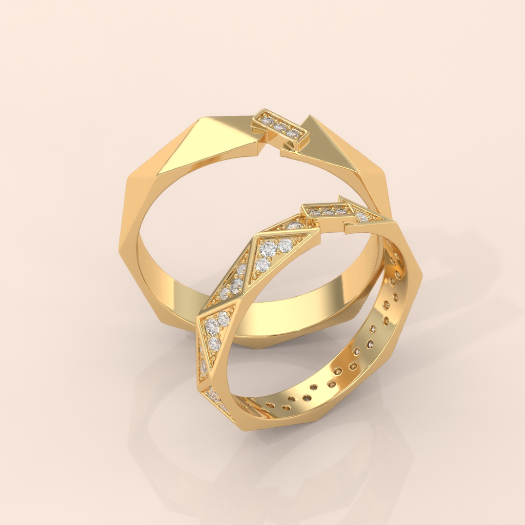 10k Gold Couple Rings – Modern Geometric Wedding Bands with Diamonds, Unique His & Hers Design