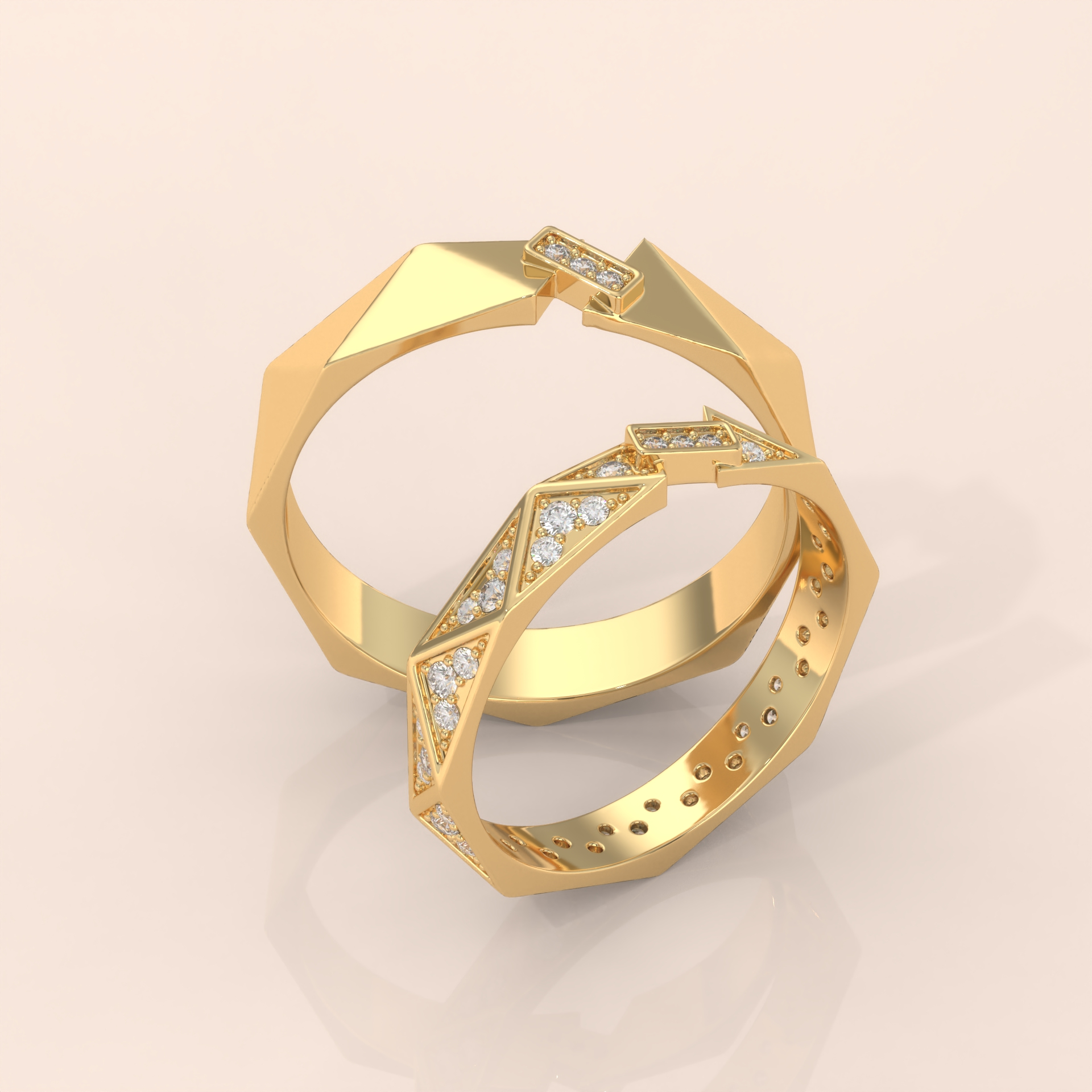 14k Gold Couple Rings – Modern Geometric Wedding Bands with Diamonds, Unique His & Hers Design (Copy)