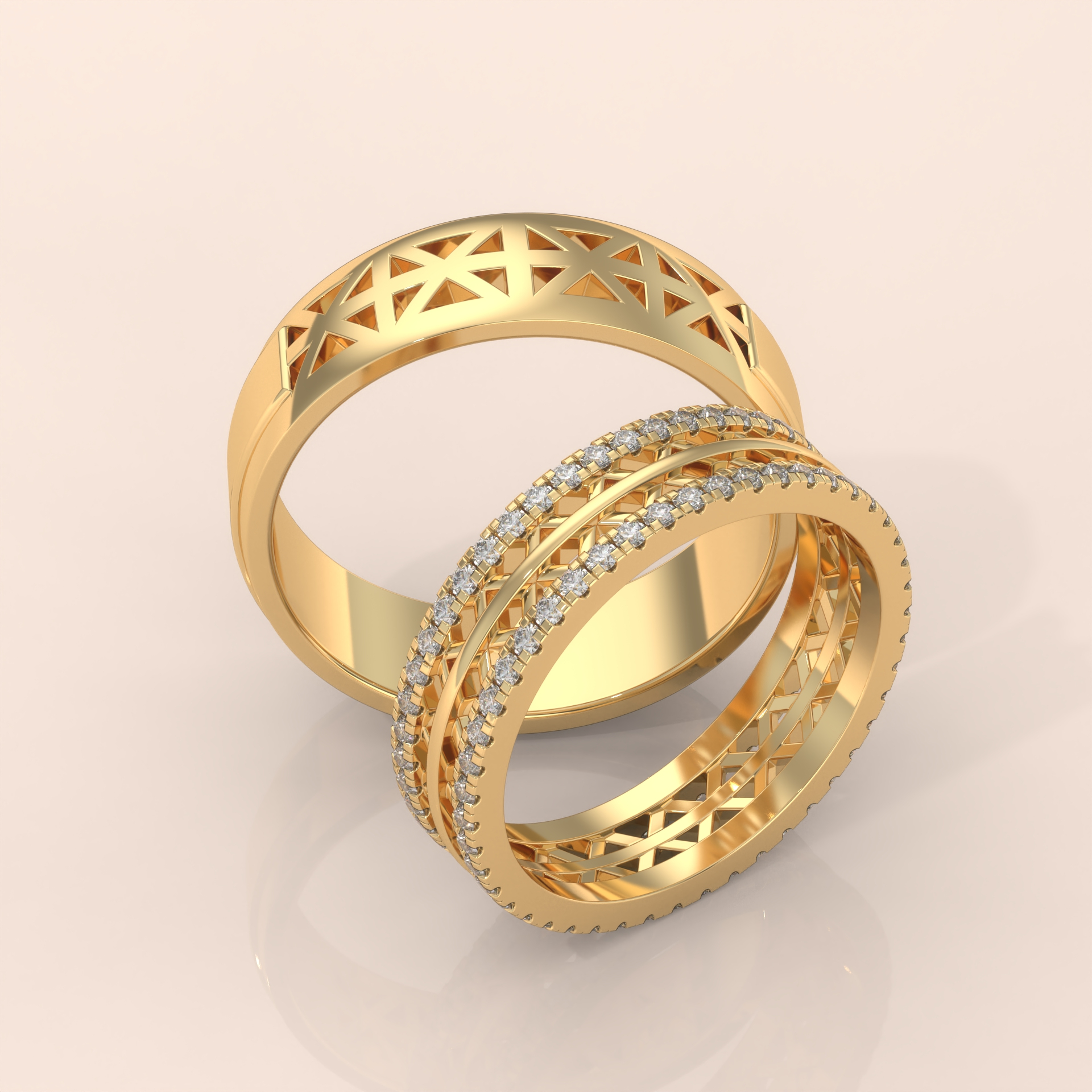 14k Gold Couple Wedding Bands – Unique Intricate Cutout Design with Diamond Accents for Him & Her (Copy)