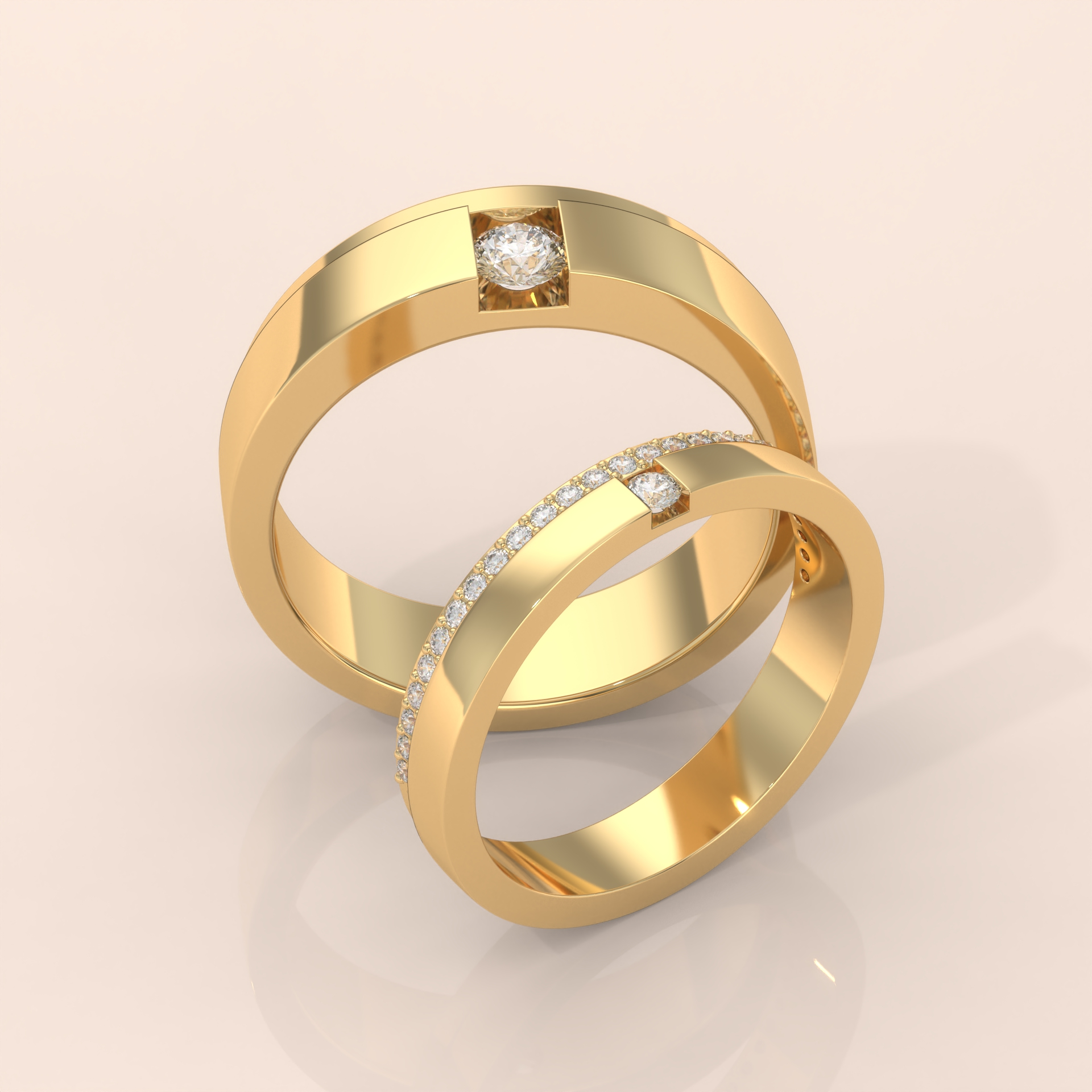 10k Gold Couple Wedding Bands – His and Hers Rings with Round Cut Diamonds, Promise and Engagement Set