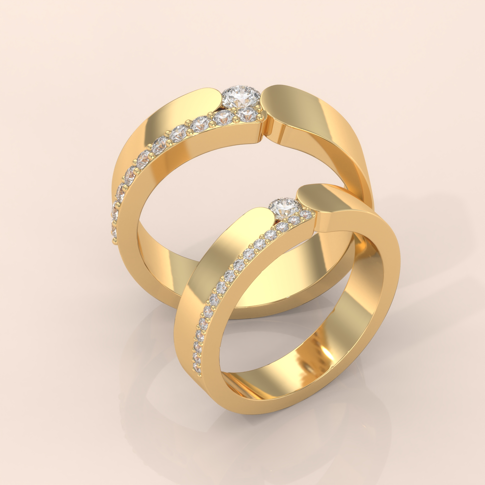 10k Gold Couple Wedding Bands – Matching Curved Design Rings with Round Cut Diamonds, Engagement or Anniversary Set