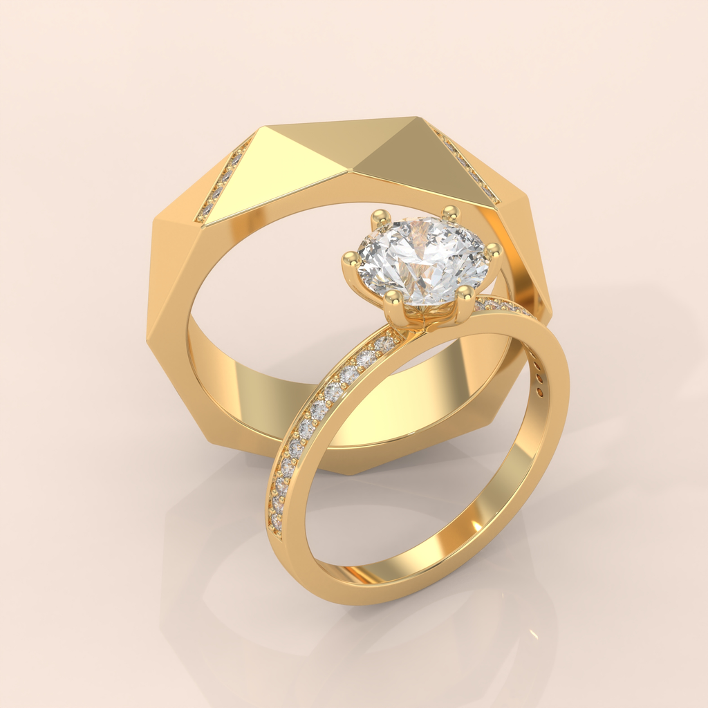 14k Gold Couple Rings Set – Modern Geometric Men’s Band & Solitaire Diamond Women’s Ring, Unique Engagement and Wedding Set (Copy)