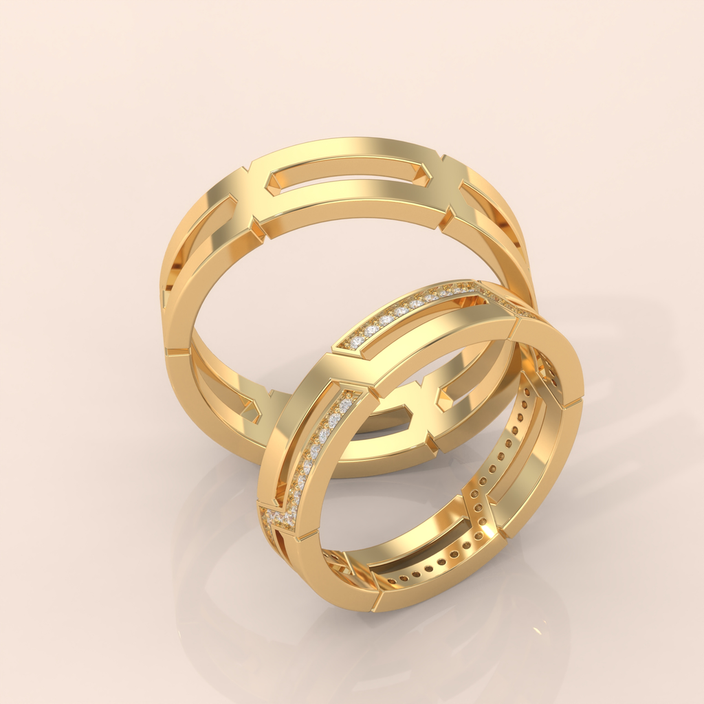 10k Gold Couple Rings – His and Hers Geometric Matching Wedding Bands with Diamond Accents, Unique Anniversary Gift