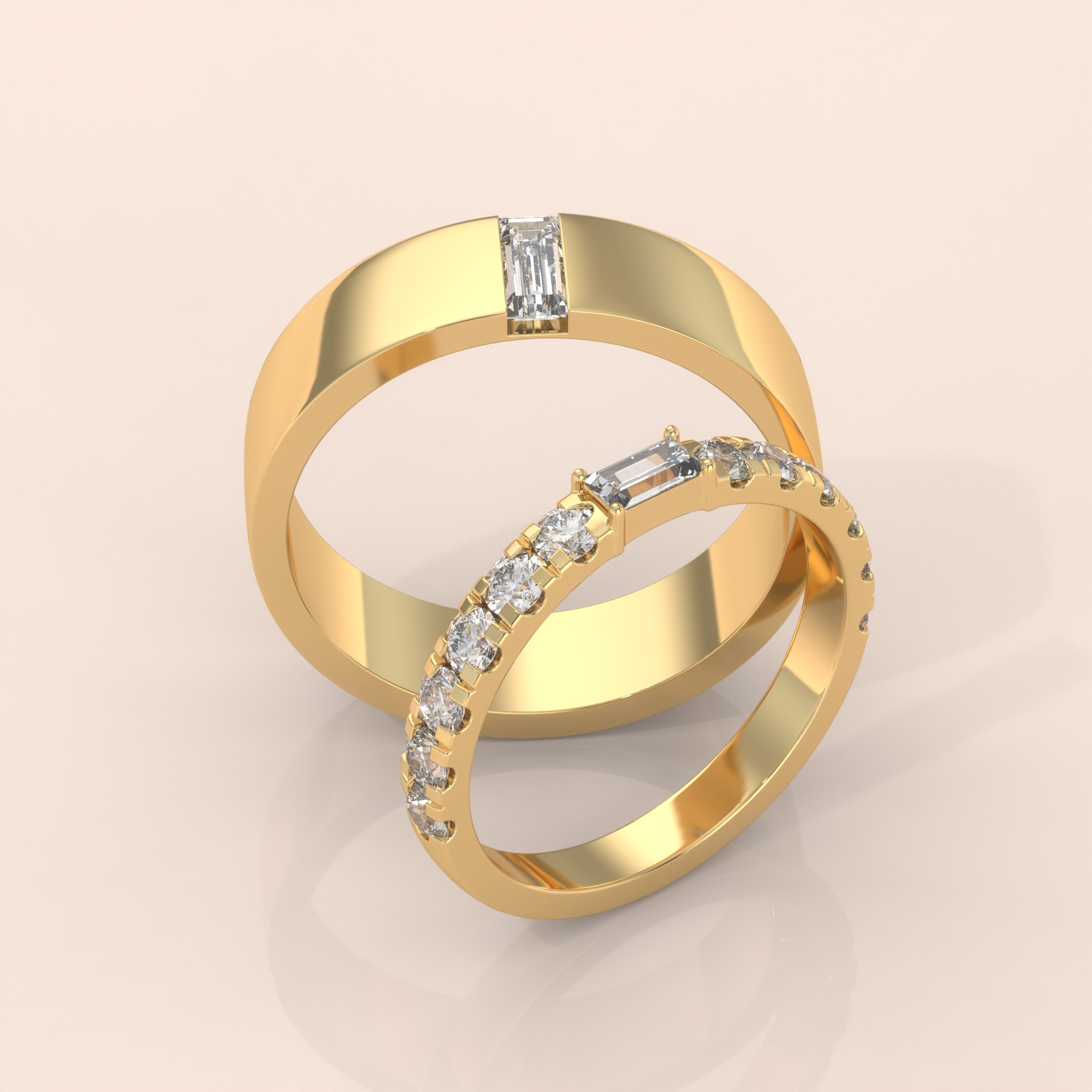 10k Gold Couple Rings – Baguette Diamond Matching Wedding Bands, Unique Engagement or Anniversary Set