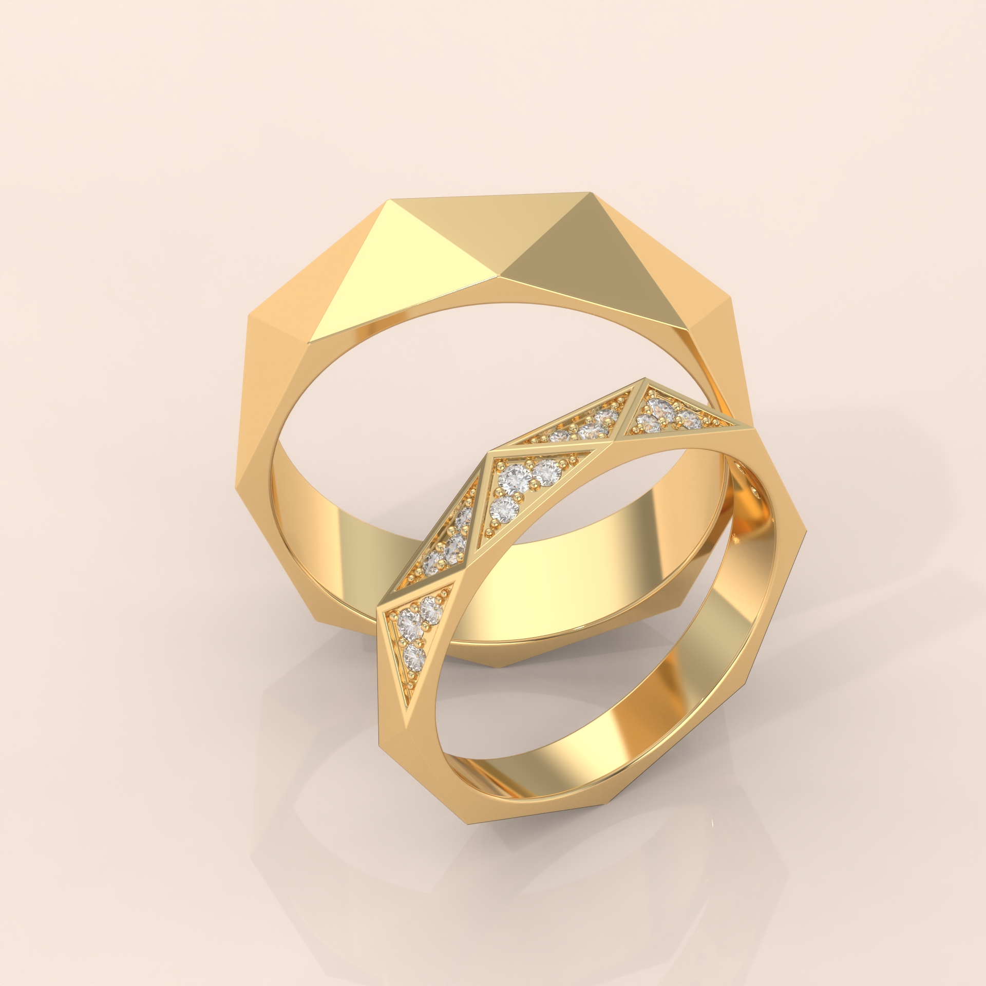10k Gold Couple Rings – Faceted Geometric Wedding Bands with Diamond Accents, His & Hers Set