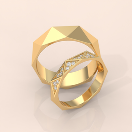 10k Gold Couple Rings – Faceted Geometric Wedding Bands with Diamond Accents, His & Hers Set