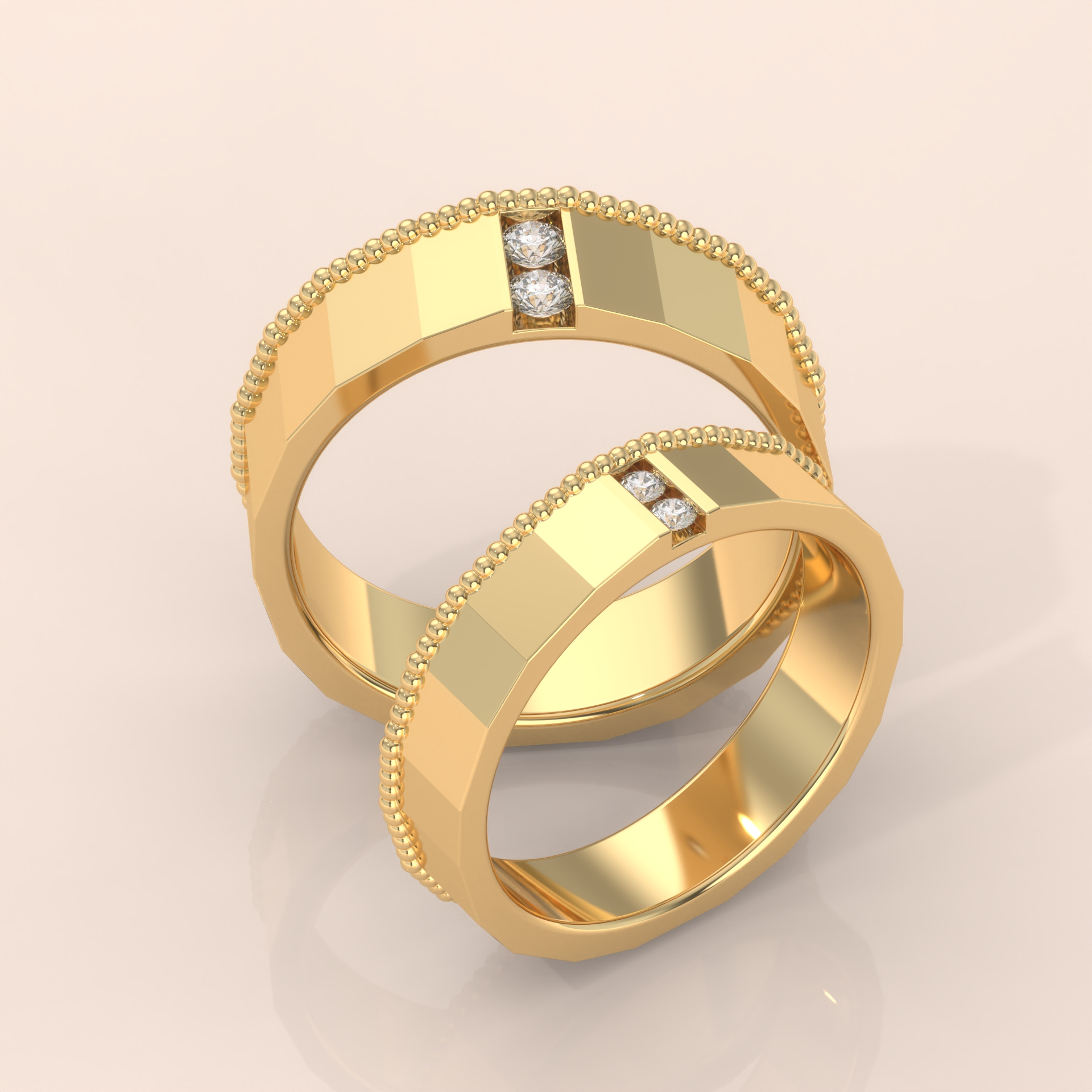 10k Gold Couple Rings – Geometric Matching Wedding Bands with Diamond Accents, Modern Anniversary Gift Set